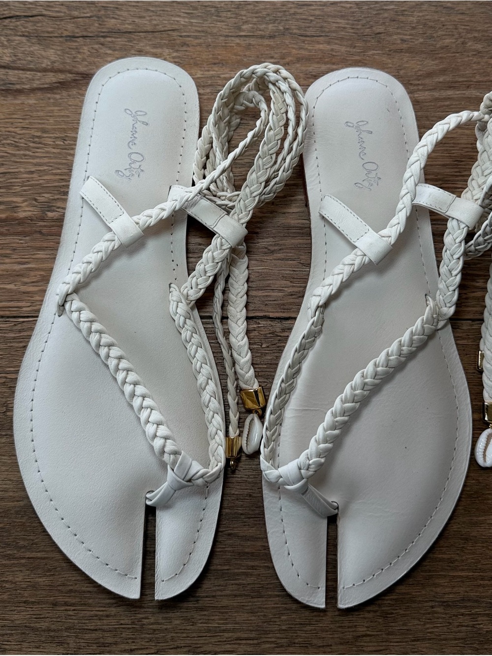 Jessica White Braided Toe-Loop Sandals with Gold Accents